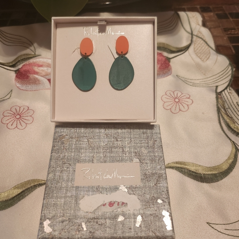 Robert Lee Morris Double Drop Earrings Orange & Green Patina NEW
